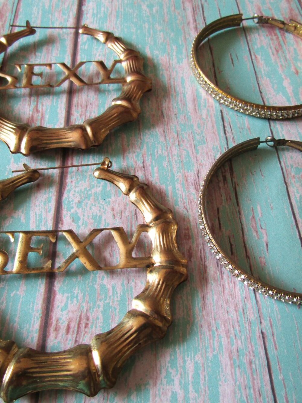Large Sexy Bamboo Goldtone and Large Sparkle Crystal Hoop Club Hip Hop Earrings